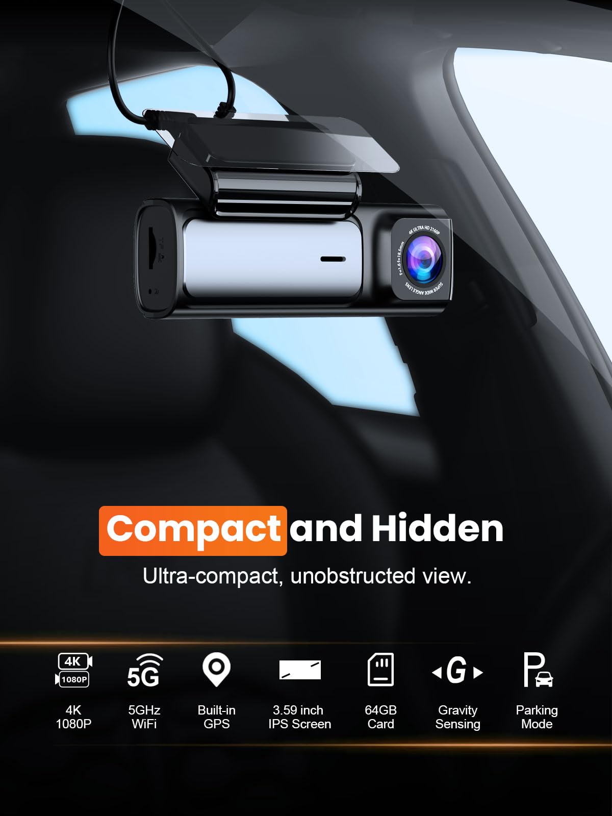 Affver 4K Dash Cam Front And Rear, Built In 5G Wifi Gps, 64Gb Card Included, 3.59'' Ips Screen Dash Camera For Cars, Dual Dashca